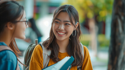 Young happy Asian woman talks with her college friend while studying together at campus.