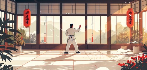 a martial arts instructor male teaching in a dojo, 2d, flat, illustration, solid color. - obrazy, fototapety, plakaty