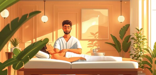 a masseuse male providing therapy in a spa, 2d, flat, illustration, solid color. - obrazy, fototapety, plakaty