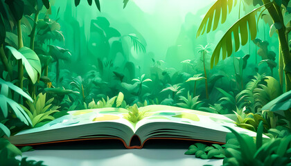 Wand Dekoration Kinderzimmer Kinderbuch PopUp Buch geöffnet mit grünen Dschungel dichter Pflanzen bunter Hintergrund, Erlebnis Entdeckung für Kinder Literatur Vorlage 