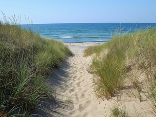 A beach with a path leading to the water. The grass is tall and the sand is dry