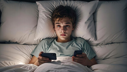 Kind Junge Heranwachsender allein im Bett nachts blass entsetzer Blick hält 2 Smartphone in den Händen, Medienkonsum, krank machend, Abhängigkeit, depressiv, allein, einsam