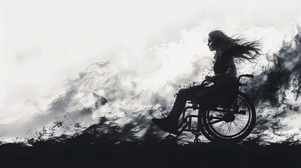 Obraz premium Silhouette of a disabled woman in a wheelchair practicing sports. Colored illustration of a person in a wheelchair. Paralympic games Paris 2024.