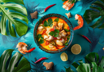 Exotic Thai soup with shrimps and coconut milk, garnished with chili and lime on a vibrant blue backdrop surrounded by tropical leaves