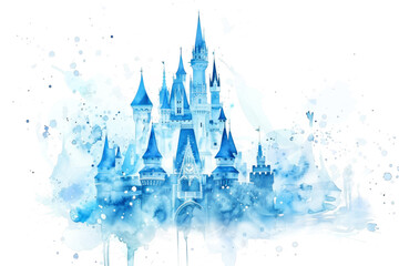 Watercolor Blue Magic Castle Isolated on White Background - obrazy, fototapety, plakaty