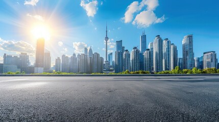 Beautiful landscape of city buildings skyline view from asphalt road in sunny day. Generated AI image