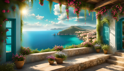 Wandbild Tapete hell beleuchtete Terrasse dicht bewachsen mit grünen Pflanzen und Blumen Blumentöpfe mit Ausblick auf mediterranes Mittelmeer Küste Sonnenschein stimmungsvolle Deko Vorlage Hintergrund