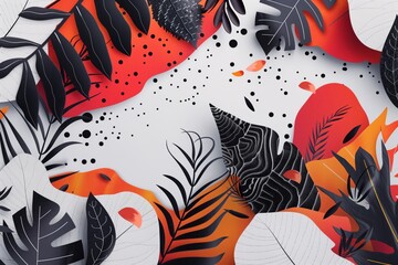 Paper cut tropical leaves with vibrant orange and black accents