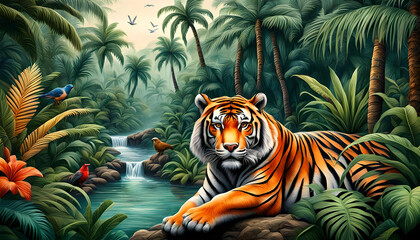 Wand Dekoration Kinderzimmer dichter grüner Dschungel voller wilder Pflanzen mit Tiger Raubkatze  Hintergrund, Erlebnis Entdeckung für Kinder Natur wild lebende Tiere