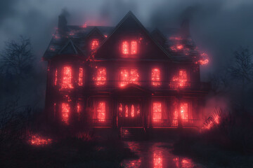 Eerie Haunted House with Sinister Red Glow at Night