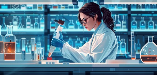 a quantum physicist female experimenting in a high-tech lab, 2d, flat, illustration, solid color. - obrazy, fototapety, plakaty