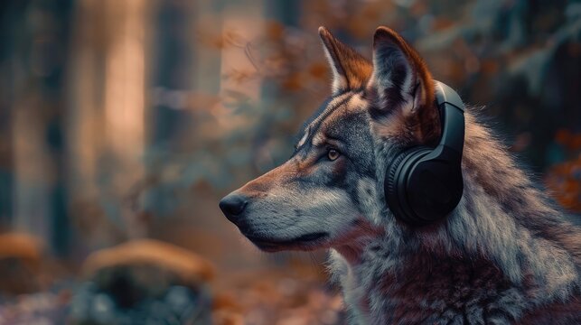 Create an eye-catching visual of a wolf with headphone