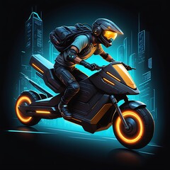 A futuristic motor-biker on the neon light motorcycle close up.