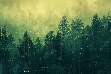Green matrix code streams over serene forest landscape at dusk - obrazy, fototapety, plakaty