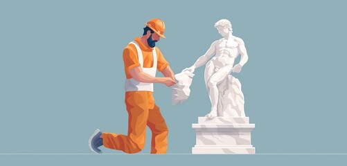 a stonemason male carving a statue from marble, 2d, flat, illustration, solid color. - obrazy, fototapety, plakaty