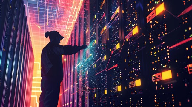 Glowing Data Silhouette of Analyst Harnessing Insights in Dark Server Room for SEO Success