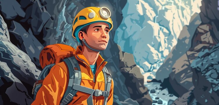 a spelunker male exploring cave systems, 2d, flat, illustration, solid color.