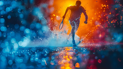 Naklejka premium Abstract illustration with Silhouette of a tennis player while hitting a tennis racket. Blue background. Olympic discipline.