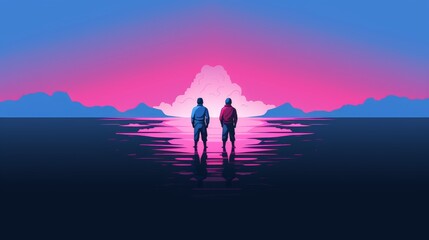 Two people on the shore, pink and blue sunset.
Concept: friendship and sunset, travel and unity, romance and dreams of lovers.