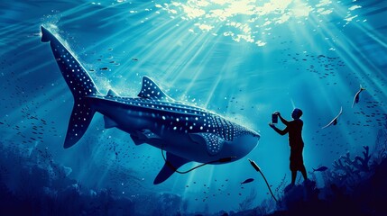 Underwater Exploration Conservationist Tagging Majestic Whale Shark in Vibrant Blue Ocean with School of Fish