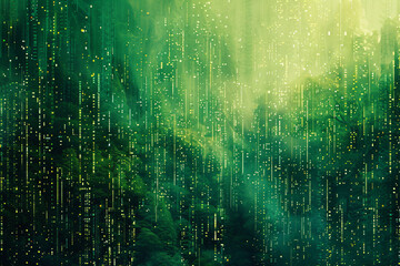 Stylized digital forest in green tones with matrix rain overlay - obrazy, fototapety, plakaty