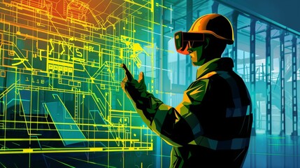 AR Safety Officer Analyzing Construction Site Risks with Digital Blueprints