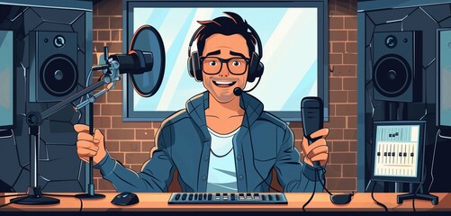 a voice actor male recording in a sound booth, 2d, flat, illustration, solid color. - obrazy, fototapety, plakaty