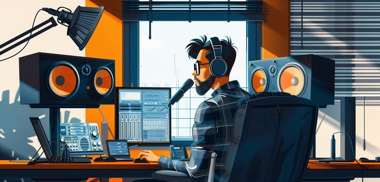 a voice actor male recording in a sound booth, 2d, flat, illustration, solid color.