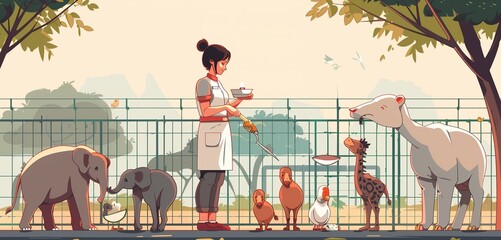 a zookeeper female feeding animals at a zoo, 2d, flat, illustration, solid color. - obrazy, fototapety, plakaty