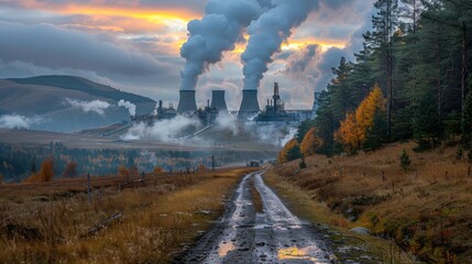 A dirt road with a view of power plant on horizon, AI