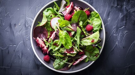 Close up of fresh salad with raspberries and leafy greens