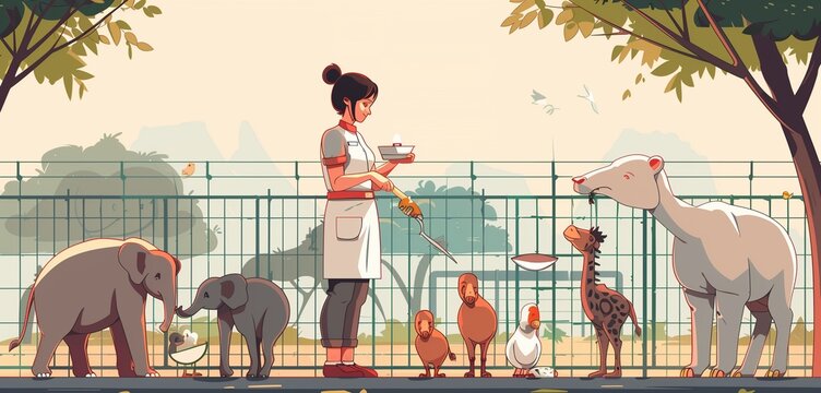 a zookeeper female feeding animals at a zoo, 2d, flat, illustration, solid color.