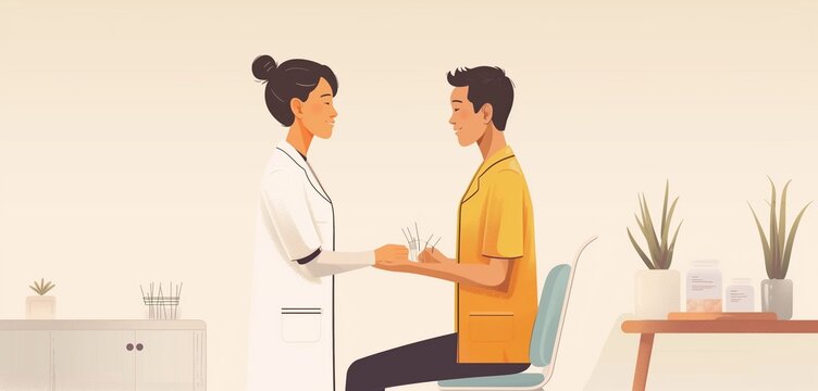 an acupuncturist female treating a patient, 2d, flat, illustration, solid color.