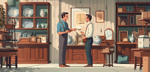 an antique dealer male evaluating vintage items in a store, 2d, flat, illustration, solid color. - obrazy, fototapety, plakaty