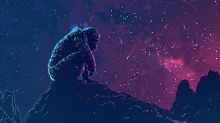 Obraz premium Stylized image of king kong observing the starry sky on a mountain peak in neon colors