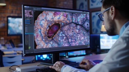 CuttingEdge Digital Pathology Expert Analyzing AIEnhanced Slide Scans on HighDefinition Monitor