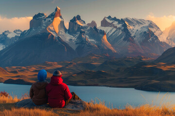 Fototapeta premium Two people sitting, enjoying a scenic mountain view in Torres del Paine in Chile at sunrise. 