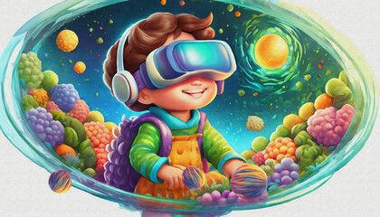 oil painting style CARTOON CHARACTER CUTE baby Kid in a VR workshop exploring the wonders of space,  - obrazy, fototapety, plakaty