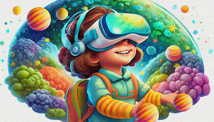 oil painting style CARTOON CHARACTER CUTE baby Kid in a VR workshop exploring the wonders of space,  - obrazy, fototapety, plakaty