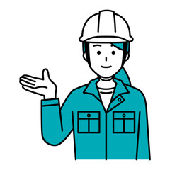 右手で案内する作業員の女性