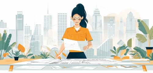 an urban planner female designing city layouts, 2d, flat, illustration, solid color. - obrazy, fototapety, plakaty