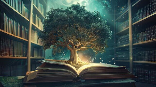 concept of education Stack of books in the library, a tree of knowledge in the opening of an old book in the library. Beautiful background
