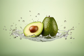 Fresh avocado with water splash isolated on green background.