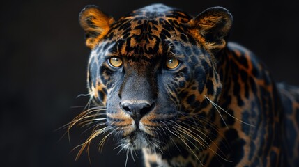 A close up of a jaguar looking into the camera with dark background, AI