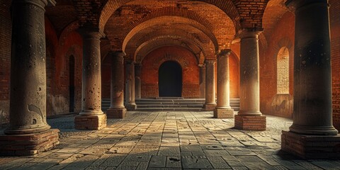 old brick building stands tall, adorned with elegant columns and arches, exuding a sense of history and grandeur.