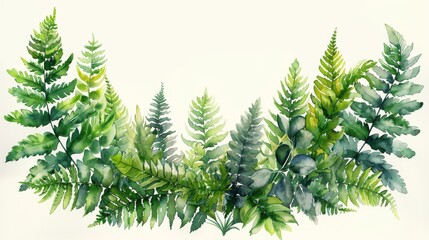 An elegant realistic illustration of ferns, wild herbs, and green herbaceous plants isolated on white. Beautiful ferns, wild herbs, or green herbaceous plants in a circular shape.