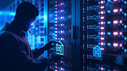 Digital Guardian Silhouetted Data Encryption Specialist Securing Glowing Servers for SEO and Customer Privacy