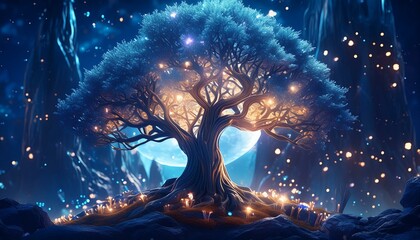 Night's Embrace: Shimmering Crystals Adorn Majestic Tree in Moonlit Glade - obrazy, fototapety, plakaty