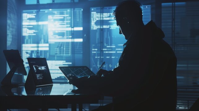 CuttingEdge Data Analysis Silhouette of a Dedicated Scientist Engaged in Complex Algorithm Development on Digital Tablet Technology Innovation and Dedication