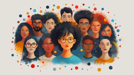 A group of people with different skin colors and glasses, AI